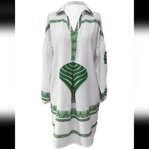 Summer Vacation CasualLoose Fit Plant Printed Shirt Dress - Picture 2 of 3